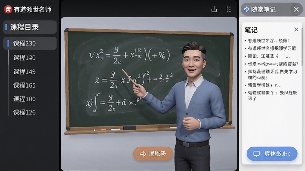 有道领世名师视频学习场景,主体是一位老师在虚拟黑板前讲解数学函数,布局为三分屏,左侧是课程目录,中间是视频播放区,右侧是随堂笔记,风格为专业在线课堂风,细节包括清晰的公式板书、老师亲切的形象和互动按钮,画质高清,干净,无多余元素
