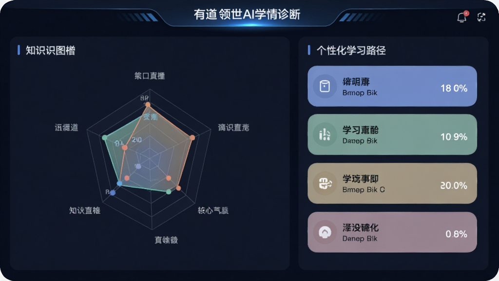 有道领世AI学情诊断界面,主体是一个虚拟学习仪表盘,布局分左右两栏,左侧显示知识图谱雷达图,右侧显示个性化学习路径清单,风格为现代教育科技风,细节包括清晰的图标、数据百分比和柔和色彩,画质高清,干净,无多余元素