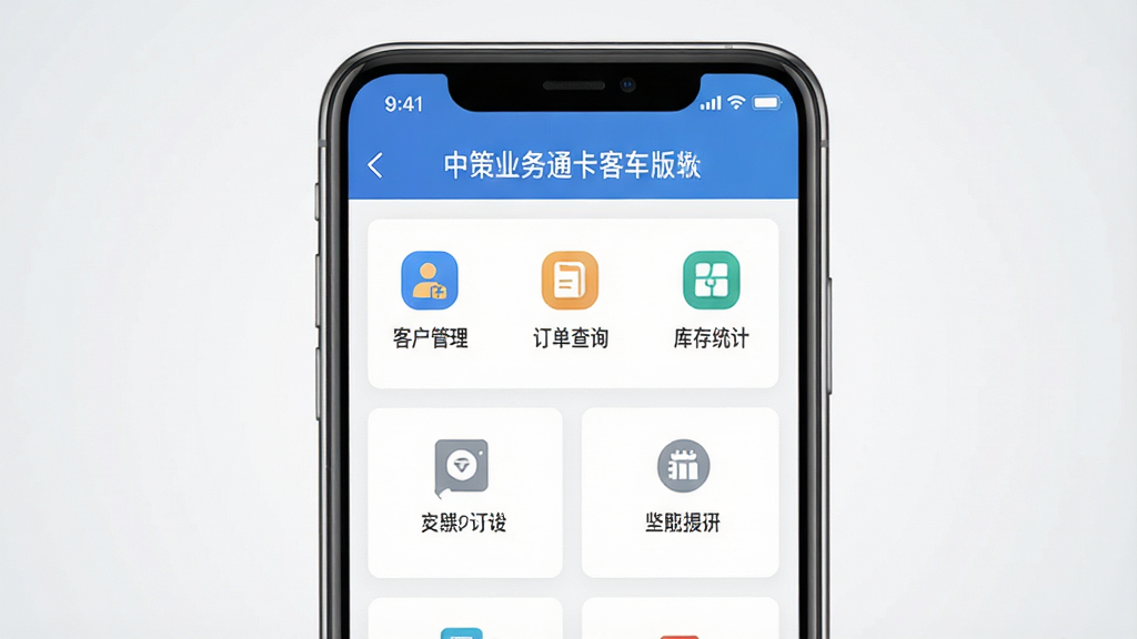 一张手机应用界面展示图,画面中央放置一部智能手机,屏幕内呈现中策业务通卡客车版软件的功能模块首页,包含客户管理、订单查询、库存统计等图标,背景为干净的浅灰色渐变,主体突出,布局居中,排版简洁,风格为现代商务扁平化,细节上手机边框圆润,界面文字清晰可见,画质高清,干净无多余元素