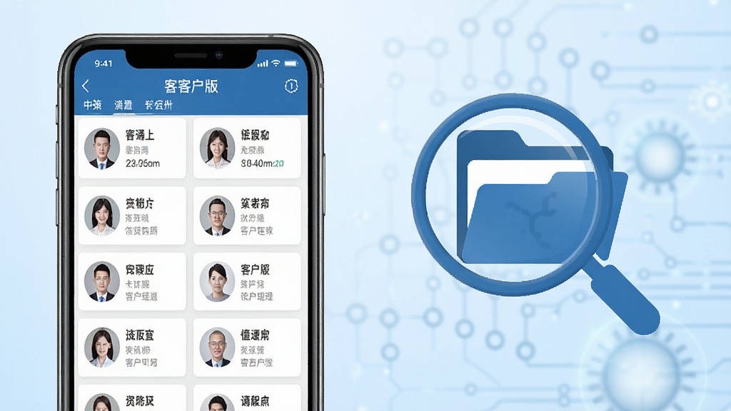 一张中策业务通卡客车版客户管理功能展示图,画面采用三分法布局,左侧为手机界面截图显示客户列表,右侧为放大镜与档案袋图标组合,背景为淡蓝色渐变,风格为商务科技感,细节上客户头像与信息卡片排列整齐,画质清晰,干净无多余元素