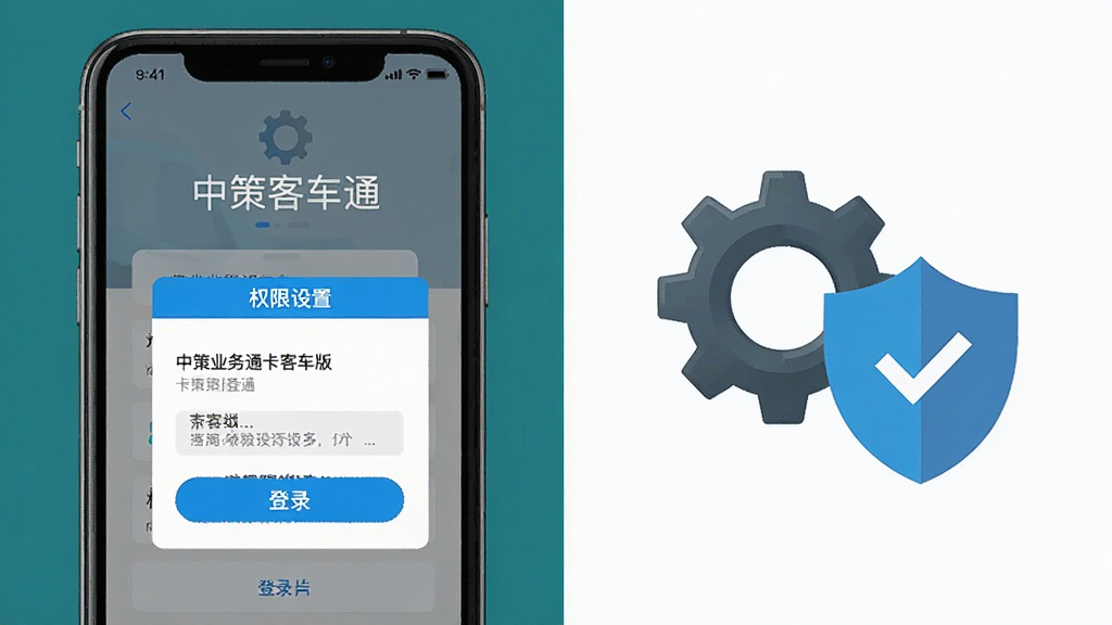 一张中策业务通卡客车版移动端操作示意图,画面展示一部手机屏幕内显示登录界面与权限设置弹窗,旁边放置齿轮与盾牌图标,布局为左右分栏,风格为扁平化科技风,细节上按钮高亮显示,文字清晰,画质干净,无多余元素