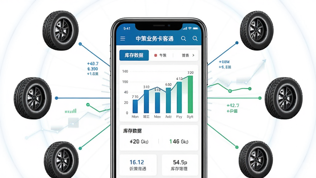 一张中策业务通卡客车版库存管理界面示意图,画面中心为一部手机展示库存数据图表,周围环绕轮胎图标与数据线条,布局采用中心辐射式,风格为简约商务,细节上图表颜色以蓝绿为主,数字清晰,画质高清,干净无多余元素