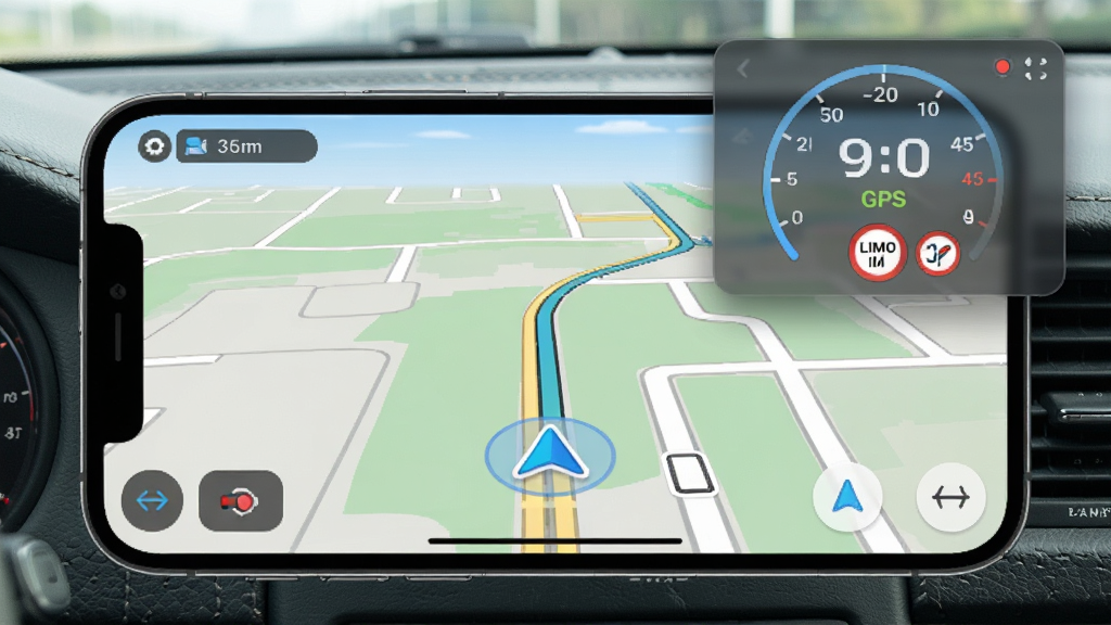 �������ֻ���Ļͬʱ���е�����GPS���ӹ�������������Ϊ������ͼȫ����������λ�����Ͻ���ʾ���������٣��Ű�Ϊ��ʵ�ֻ�ʹ�ó��������Ϊ���ؼ�ʻ�ӽǣ�ϸ�ڰ�����������͸��Ч�����ٶ����֡�����ͼ�꣬�����������ɾ����޶���Ԫ��
