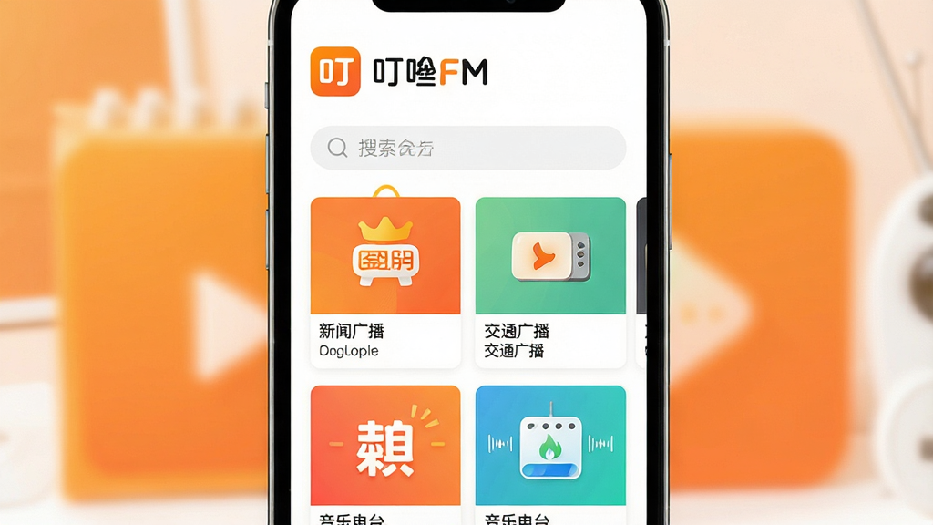 一张展示叮咚FM电台应用界面的图片,画面中央是手机屏幕,屏幕中显示叮咚FM电台的首页,页面上方有电台logo和搜索框,下方排列着新闻广播、交通广播、音乐电台等频道卡片,背景是温暖的橙色与白色搭配,整体风格清爽现代,文字清晰,画质干净,无多余元素