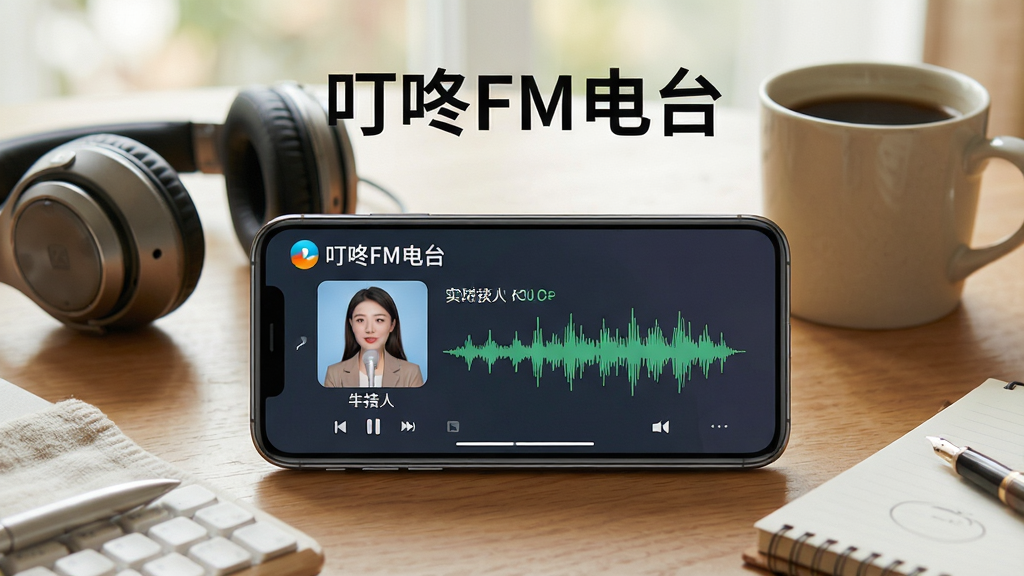 叮咚FM电台实时广播直播功能展示图,画面中一部手机横屏放置在桌面上,屏幕里正在播放广播节目,显示电台名称、节目主持人和实时波形图,周围有耳机、咖啡杯等生活小物,风格温馨自然,文字“叮咚FM电台”清晰可见,画质干净,无多余元素