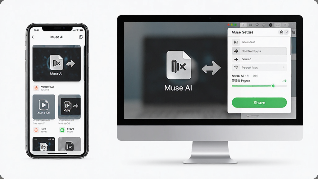 Muse AI �������������չʾ������Ϊ�ֻ��������Ļͬʱ��ʾ���������������ť������Ϊ���ҶԱȹ�ͼ������ֻ�չʾ��Ʒ�б����Ҳ����չʾ����������壬�Ű����������Ϊ�ִ���Լ����磬ϸ�ڰ�����Ƶ�ļ�ͼ�ꡢ������ͷ�������������ʸ��壬����ɾ����޶���Ԫ��