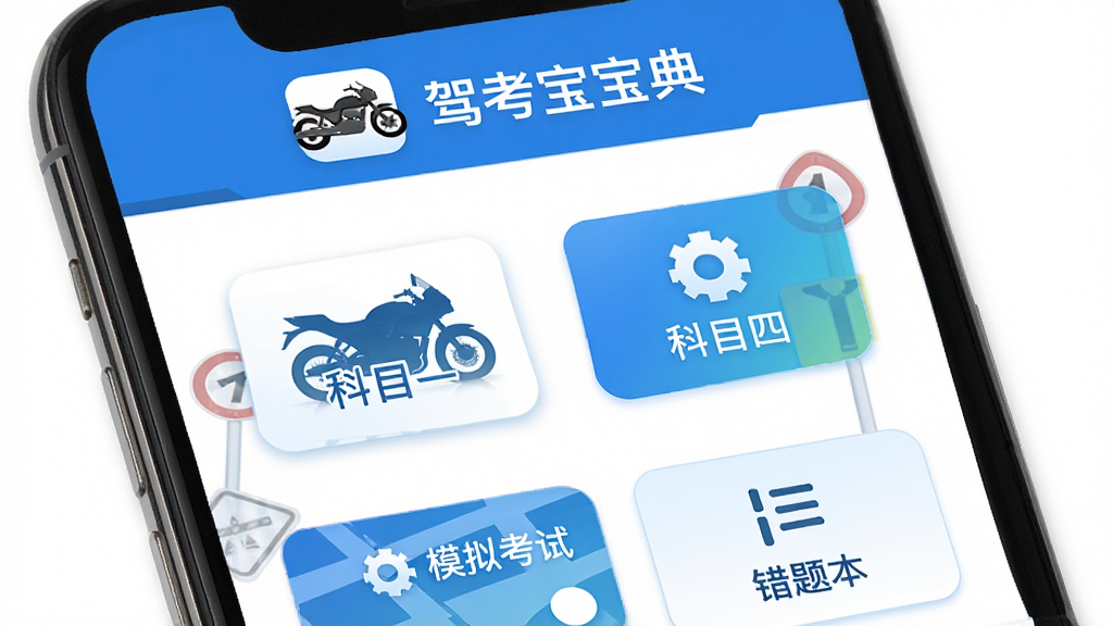 �ݿ�����Ħ�г�APP������չʾ���ֻ���Ļ���沼�֣�������ʾӦ�����ƺ�Ħ�г�ͼ�꣬�м�Ϊ��Ŀһ�Ϳ�Ŀ����ڰ�ť���ײ�Ϊģ�⿼�Ժʹ��Ȿ��������������������ɫ��ˬ���ϸ�ڰ���Ħ�г���Ӱ�뽻ͨ��־Ԫ�أ����������ɾ��޶���Ԫ��