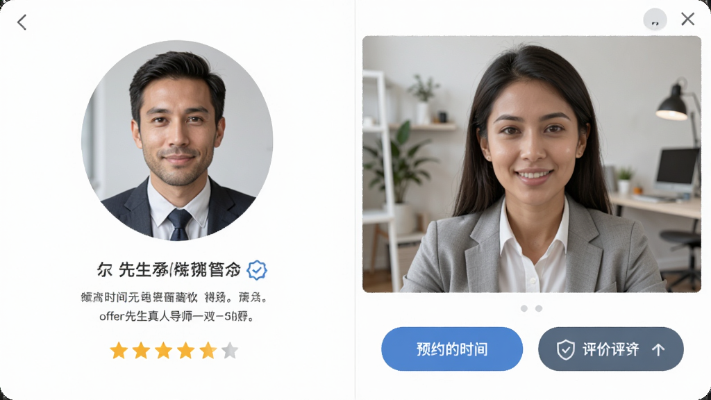 offer�������˵�ʦһ��һ��������������չʾ��Ƶͨ�����棬����ǵ�ʦͷ��ͼ�飬�Ҳ����û���Ƶ���ڣ��·���ԤԼʱ������۰�ť������Ϊ���İ�ɫ���棬����Ϊ������ƣ����Ϊ�����Լ�磬ϸ�����Ǽ����ֺ���֤��ʶ�������������ɾ����޶���Ԫ��