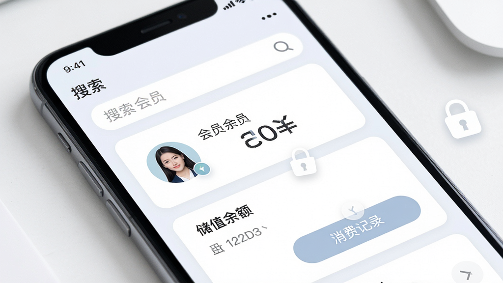 �������̻��˻�Ա�������棬��������Ϊ�ֻ���Ļ����Ļ��չʾ��Ա�б��봢ֵ������飬���������򡢻�Աͷ��������֡����Ѽ�¼��ť�����ֲ��ÿ�Ƭʽ��ƣ��Ű����������Ϊ���ǳɫϵ����磬ϸ����ͻ�����ݰ�ȫ��ͼ�꣬����ϸ�壬�ɾ����޶���Ԫ��