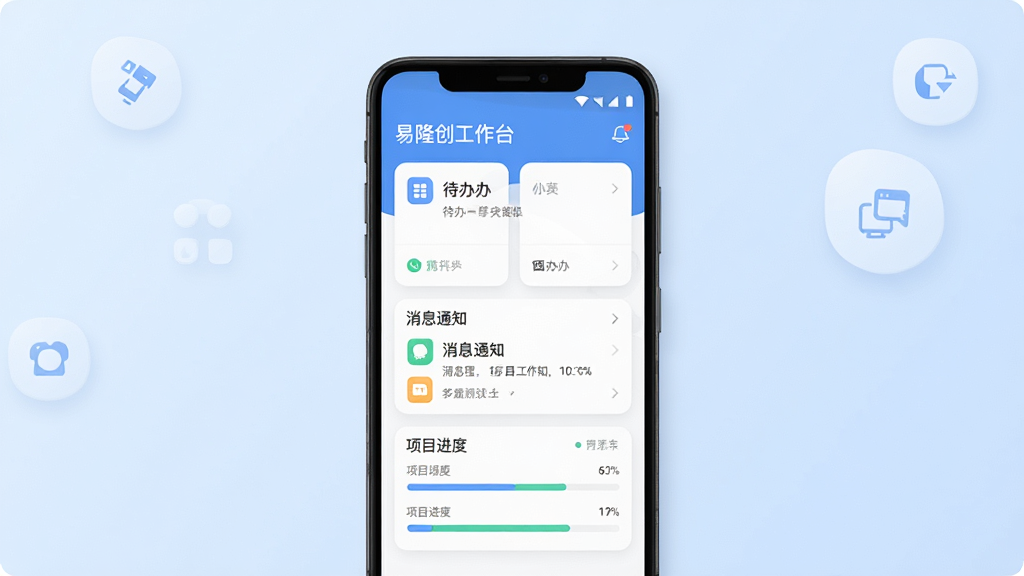 易隆创手机应用主界面展示,画面中央放置一部安卓手机,手机屏幕显示易隆创工作台页面,包含待办卡片、消息通知和项目进度条,背景为浅蓝色渐变,布局采用居中构图,风格为现代扁平化UI展示,细节包含圆角图标与柔和阴影,画质高清,干净,无多余元素