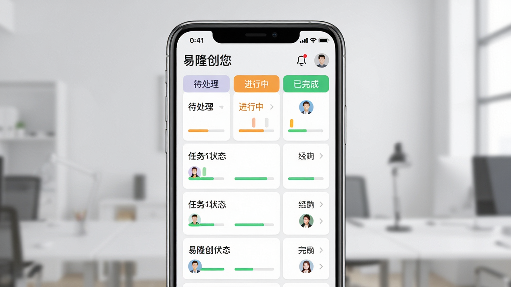 易隆创任务看板手机截图,画面中央为手机屏幕显示任务列表与进度状态,包含待处理、进行中、已完成三列看板,背景为浅灰色办公环境,布局采用手机正面展示,风格为简洁效率工具风格,细节包含彩色状态标签与头像图标,画质高清,干净,无多余元素