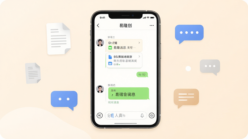 易隆创消息聊天界面,画面主体为手机展示群聊对话页面,屏幕中包含文件卡片、已读标记和输入框,背景为柔和浅色,布局采用手机居中、周围漂浮文档与聊天气泡图标,风格为现代社交应用视觉,细节强调界面清爽,画质高清,干净,无多余元素