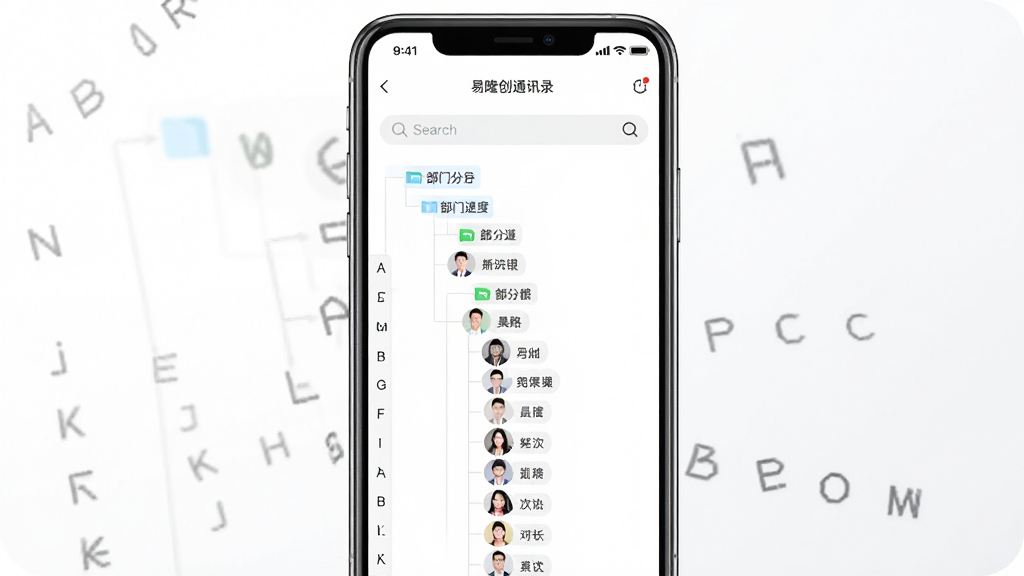 易隆创通讯录页面,画面中央为手机屏幕展示组织架构树状列表,包含部门分组与人员头像,背景为白色渐变,布局采用手机正面展示,风格为简洁企业应用风格,细节包含搜索框与字母索引,画质高清,干净,无多余元素