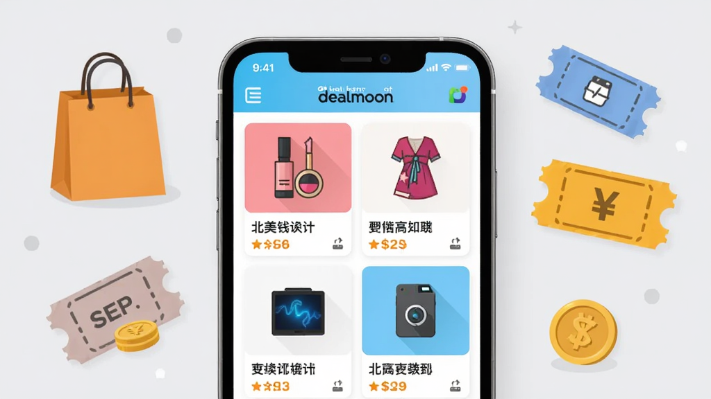 ����ʡǮ�챨(Dealmoon)Ӧ���������ͼ�������������ֻ���ĻչʾApp��ҳ����Ļ�������Ÿ�����Ʒ�ۿۿ�Ƭ��������ױ�����Ρ������ͼ�꣬������ǳ��ɫ��Լ����ֻ���Χ���ƹ�������Ż�ȯ����ҵ�СԪ�أ������Ű�ɾ����룬������ִ���ƽ��UI��ƣ�ϸ�ڿ̻����������ʸ��壬�޶�������Ԫ��