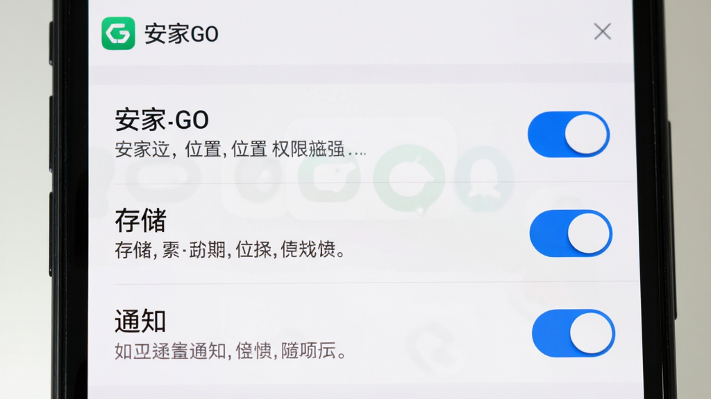 ����GO��װ��Ȩ������ʾ��ͼ�����壺�ֻ���Ļ��ʾ����GO��Ȩ�޹���ҳ�棬����λ�á��洢��֪ͨ��Ȩ�޿��ء����֣�Ȩ���б��������У�ÿ��Ȩ����˵�����ֺͿ��ذ�ť���Ű棺���ذ�ťͳһ���Ҳ࣬Ȩ����������ࡣ���ϵͳ���ý�����ϸ�ڣ���Ļ������