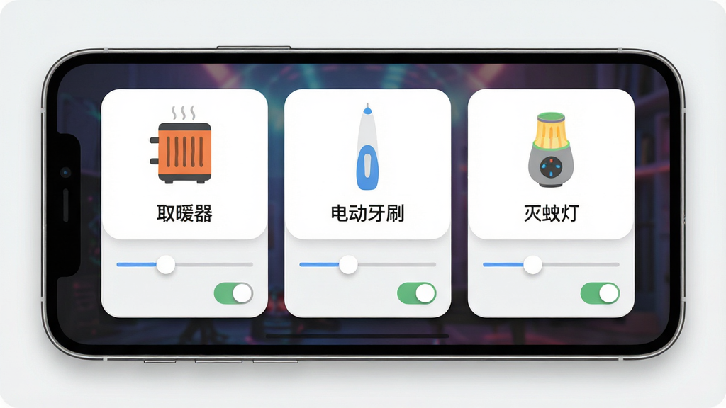 һ��չʾ������豸ͳһ�������ܵ�ͼƬ����������Ϊһ��������õ������ֻ�����Ļ����ʾ�������ŵ��豸���ƿ�Ƭ���ֱ��ע��ȡů�������綯��ˢ�������õơ�����Ƭ�·��л������Ϳ��ذ�ť������Ϊ�������У�����Լ��ƽ����ϸ���Ͻ�������΢��Ӱ��Բ�ǣ������������ɾ����޶���Ԫ��