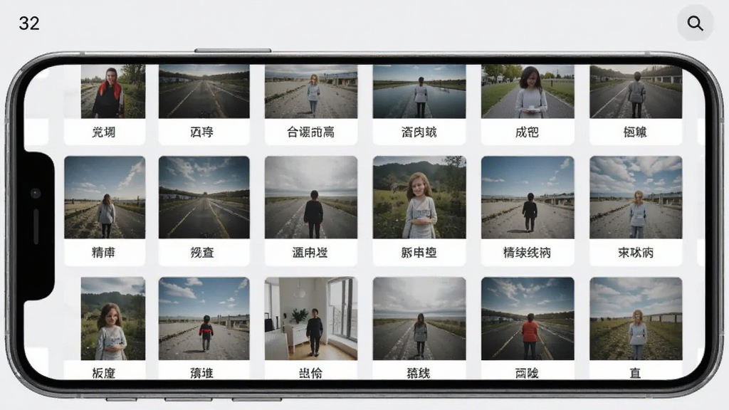 32号图片管理界面,手机屏幕显示网格状图片排列,每张图片下方有标签分类,背景为浅灰色,风格简洁实用,细节包括图片缩略图与分类标签,画质清晰干净无多余元素