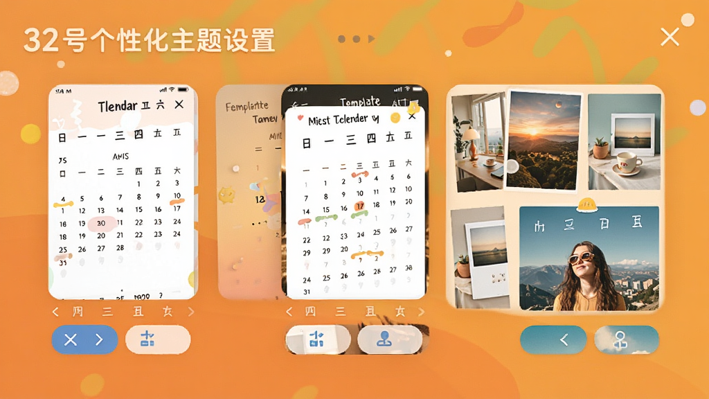 32号个性化主题设置界面,手机屏幕展示多种日历皮肤选项与图片模板,背景为暖色调,风格活泼多样,细节包括不同风格的日历预览图与选择按钮,画质清晰干净无多余元素