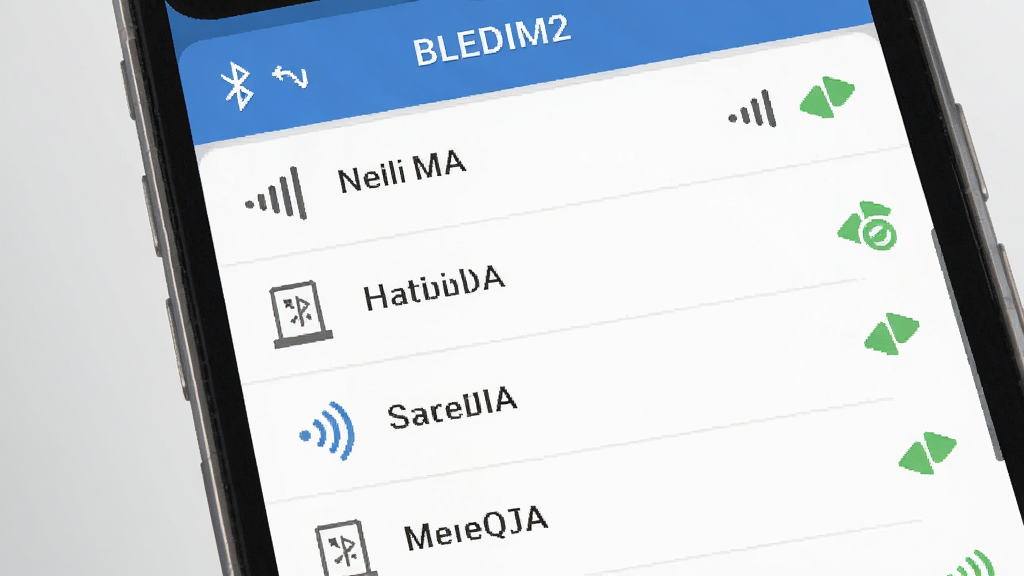 BLEDIM2 �������ӽ��棬�ֻ���Ļ��ʾ�������������豸�б����豸�����������У������ź�ǿ��ͼ��������״̬��ʶ������Ϊ���ǳ�ҽ��䣬���Ϊ��ƽ��UI��ƣ����������ɾ��޶���Ԫ��