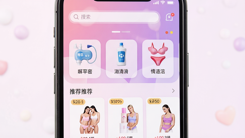 һ��չʾ�ֻ���Ļ����Ȥ��APP��ҳ�����ͼƬ������������һ�����������ֻ�����Ļ�ڳ��ַ���ɫ������Ȥ���̳���ҳ�����������������в��Ǳ����ס���Һ����Ȥ���µ���Ʒ����ͼ�꣬�·�Ϊ�Ƽ���Ʒ��Ƭ�б��������������룬������������ͣ�ϸ�ھ��£����ʸ��壬�ɾ��޶���Ԫ��
