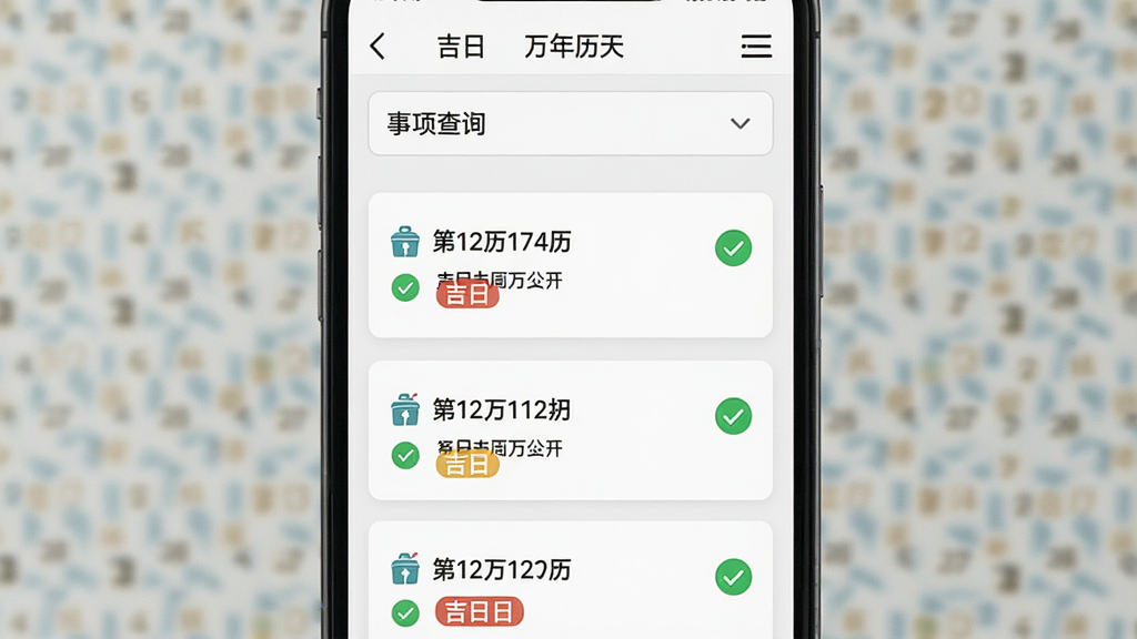 һ���ֻ�����չʾ�����������ļ��ղ�ѯҳ�棬��������һ�������˵�ѡ���������ͣ��·��г�������ڿ�Ƭ��ÿ����Ƭ��ʾ�������ڡ�ũ�������뼪�ձ�ǩ������Ϊ�����б������Ϊ���¼�Լ��ϸ�ڰ�����ɫ�Թ�ͼ�ꡢǳ��ɫ�ָ��ߣ������������ɾ����޶���Ԫ��