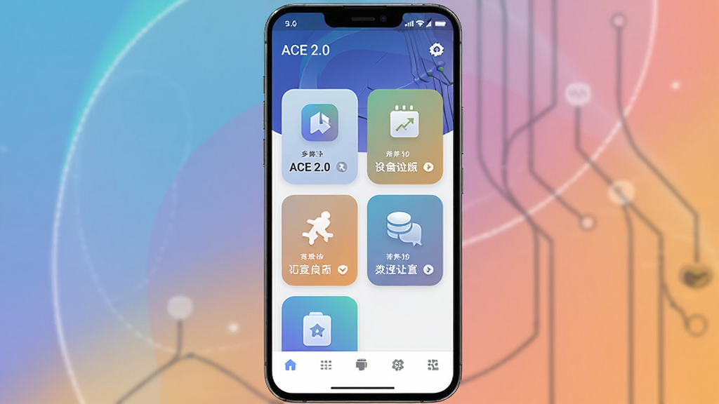 ACE 2.0 ��׿��������Ԥ��ͼ������Ϊһ�������ֻ���Ļ����ʾ ACE 2.0 Ӧ����ҳ�����ֲ������½ṹ������Ϊ�������ơ�ACE 2.0����״̬�����в�Ϊ���ܿ�Ƭʽ���У��ײ�Ϊ�����˵���������ִ��Ƽ��У�ϸ�ڰ���Բ��ͼ�ꡢ��ͽ��䱳�����������ֱ�ǩ�����ʸ���ɾ��޶���Ԫ��