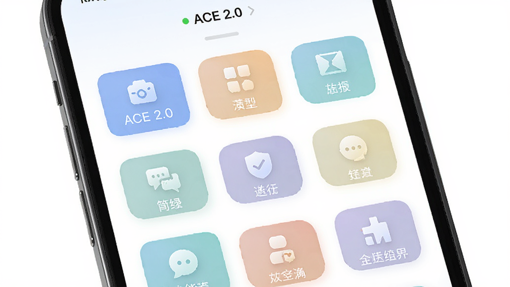 ACE 2.0 ��ཻ������չʾͼ������Ϊ�ֻ���Ļ����ʾ ACE 2.0 Ӧ�õĹ��ܲ˵�ҳ�棬����Ϊ����״ͼ�����У�������¼�Լ��ϸ�ڰ���Բ�Ǿ��ΰ�ť�������ɫ���������ı�ǩ�����ʸ���ɾ��޶���Ԫ��