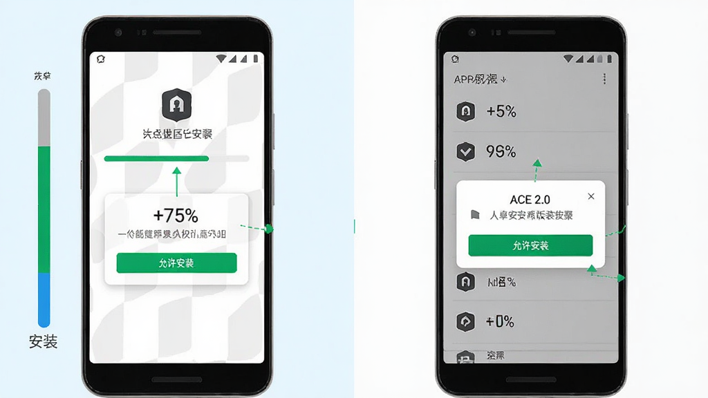 ACE 2.0 ��׿�氲װ����ʾ��ͼ������Ϊ�ֻ���Ļ����ʾ APK ��װ������Ȩ�����赯��������Ϊ���ҷ����Ա�ͼ�����Ϊ��װ���������Ҳ�ΪȨ���б�����������̷̳磬ϸ�ڰ�����������װ����ť���������Ȱٷֱȡ�Ȩ��ͼ�꣬���ʸ���ɾ��޶���Ԫ��