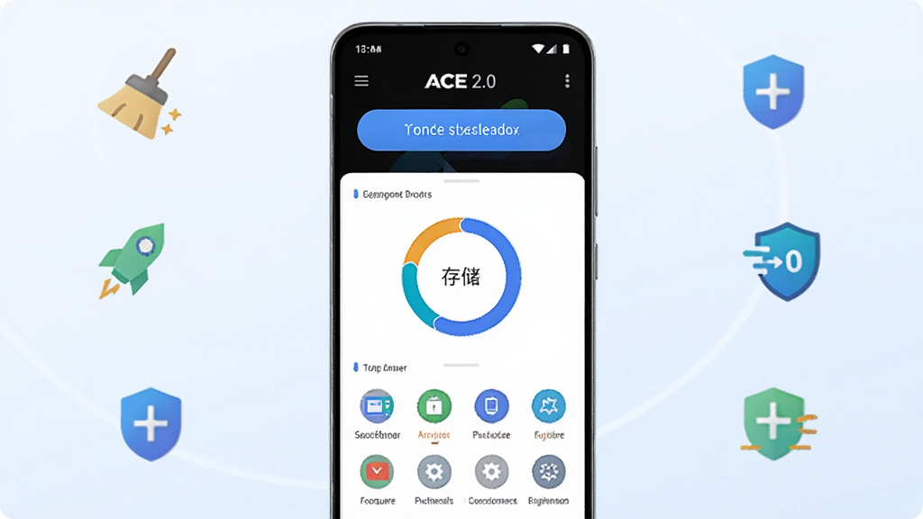 ��������չʾһ����׿�ֻ����ֻ���Ļ��ʾACE 2.0���������棬��������������ٰ�ť���洢�ռ价��ͼ�͹���ͼ�����񣬱���Ϊǳ��ɫ���䣬���ܻ����Ŵ������������١���ȫ�����ļ�Լͼ�꣬���岼�־��жԳƣ�������¿Ƽ��У�ϸ�����ֻ��߿�Բ�󡢽����������������ʸɾ��޶���Ԫ�أ�������Ⱦ