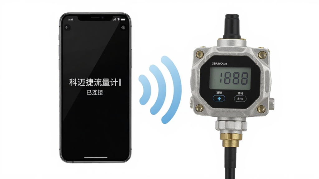 画面展示一部手机与一台工业流量计通过蓝牙信号波连接,信号波以淡蓝色弧线呈现,手机屏幕显示科迈捷流量计已连接字样,背景为白色简洁风格,构图居中,画质清晰,干净,无多余元素