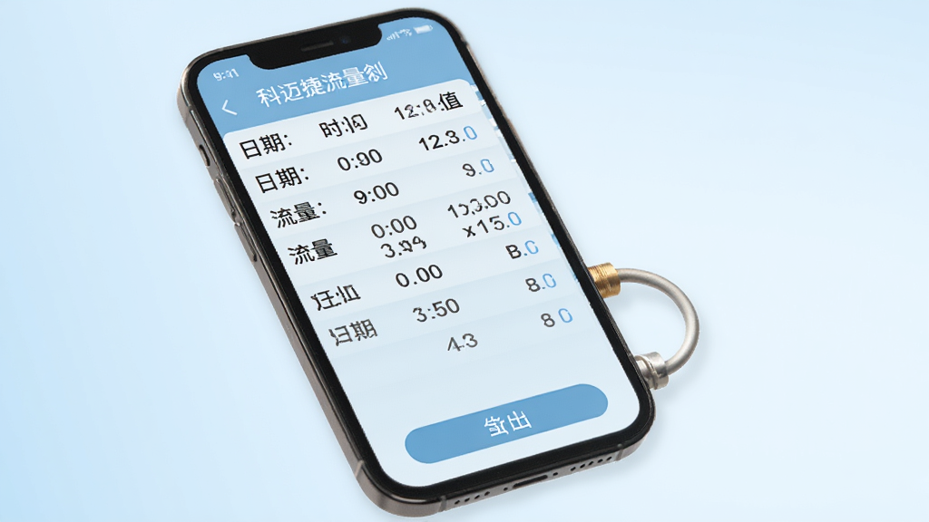 手机屏幕显示科迈捷流量计的历史数据列表,包含日期、时间、流量值等列,下方有导出按钮,背景为浅蓝色渐变,风格简洁商务,画质清晰,干净,无多余元素