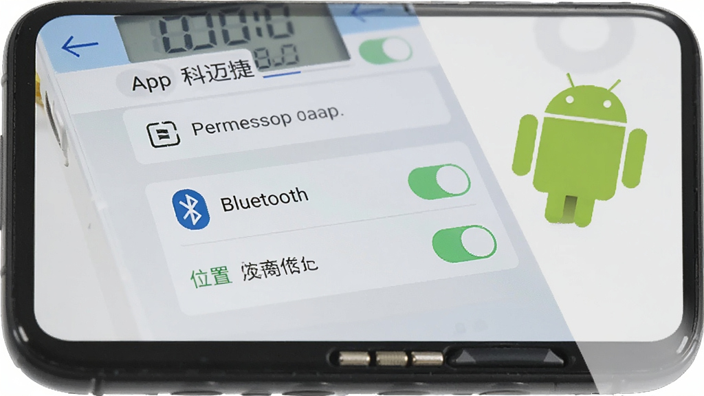手机屏幕显示科迈捷流量计app的权限设置界面,包含蓝牙和位置权限开关,旁边有安卓机器人图标,背景为浅灰色,风格简洁,画质清晰,干净,无多余元素