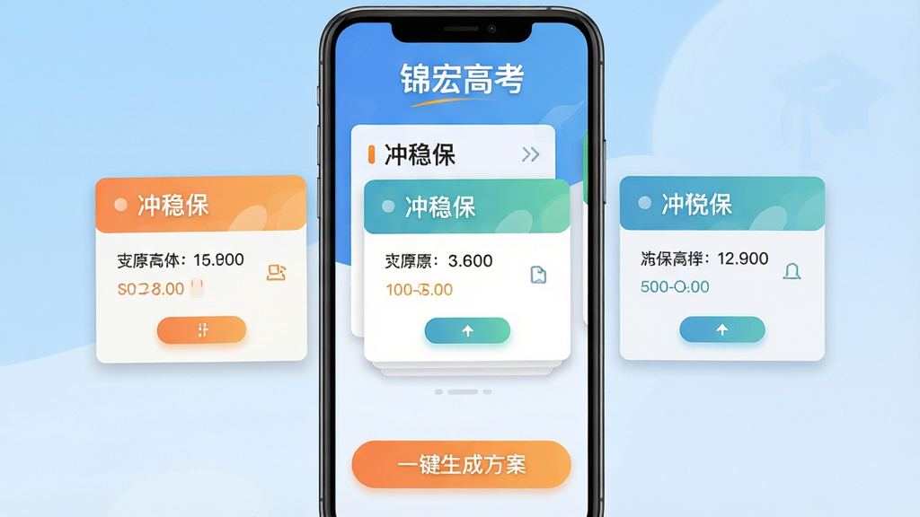 ����Ϊ����߿�APP־Ը����棬��Ļ�Ϸ���ʾ������߿����������в�Ϊ���ȱ�����ԺУ��Ƭ���ײ��С�һ�����ɷ�������ť������Ϊ�ֻ�����չʾ������Ϊǳ��ɫ���䣻�Ű����룬��Ƭ�������£����Ϊ��ƽ��UI��ƣ�ɫ�����£�ϸ�ڰ�����Ƭ��Ӱ����ť�������������������ʸ��壬�ɾ����޶���Ԫ�ء�
