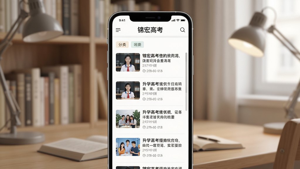 ����Ϊ����߿�APP��Ѷҳ�棬��Ļ��ʾ������߿����������ƪ��ѧ�����б�����������Сͼ�뷢��ʱ�䣻����Ϊ�ֻ�����չʾ������Ϊ�鷿�������Ű��������б������ȣ����Ϊ�ִ���Լ�磬ɫ����ͣ�ϸ�ڰ�����������ͼ�������ǩ�������������ʸ��壬�ɾ����޶���Ԫ�ء�