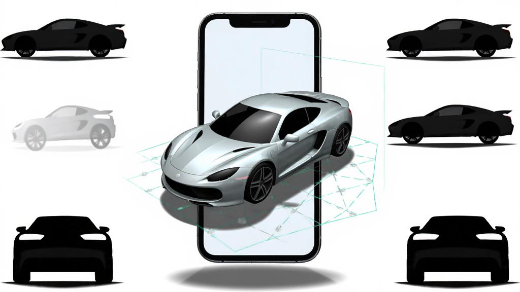 ARCarShow增强现实汽车展示应用主界面,主体为一部智能手机屏幕中投射出三维跑车模型,布局采用居中构图,手机悬浮于画面中央,周围环绕多个不同角度的汽车剪影,排版清晰简洁,风格为科技感扁平化设计,细节包含车身反光、地面阴影、AR网格线,画质高清,干净,无多余元素