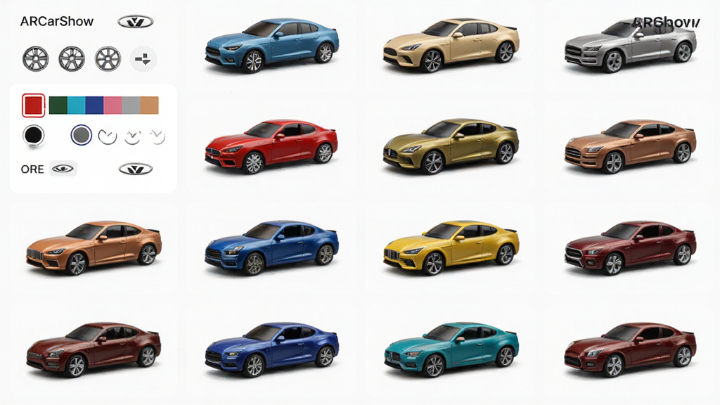 ARCarShow车型库与个性化定制界面,主体为多辆不同颜色和款式的汽车模型排列成网格,布局采用横向滚动展示,排版整齐有序,风格现代简约,细节包括颜色选择器、轮毂图标、品牌标识,画质高清,干净,无多余元素