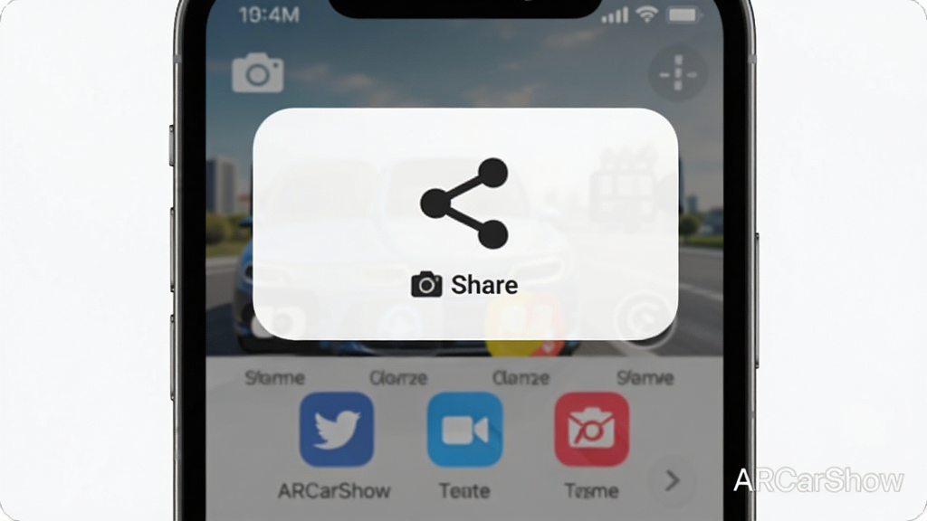 ARCarShow拍照与录像分享功能,主体为手机界面中的分享按钮与社交图标,布局为浮层式设计,排版突出分享动作,风格轻量扁平,细节包括相机图标、视频图标、水印文字“ARCarShow”,画质高清,干净,无多余元素
