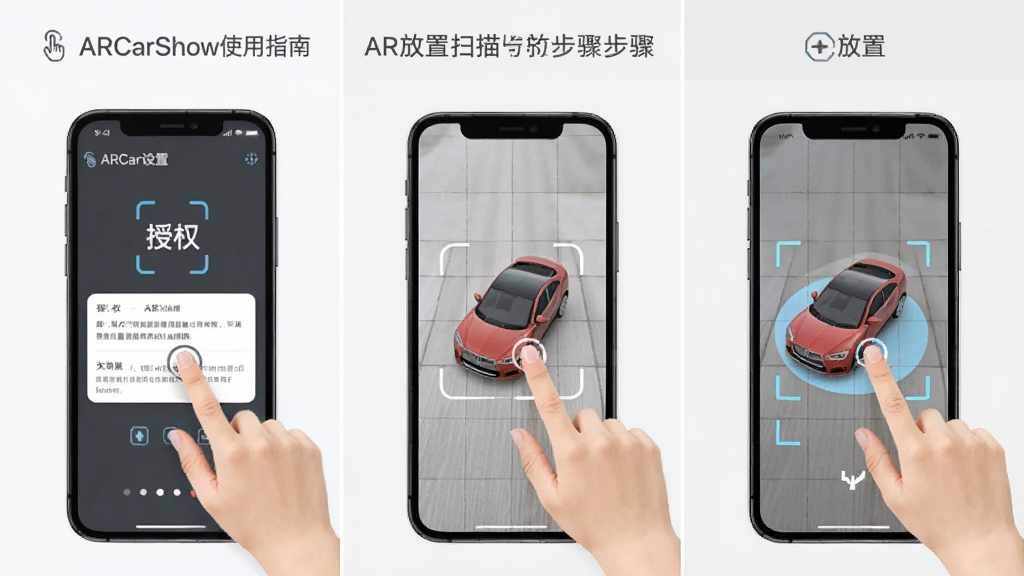 ARCarShow使用指南示意图,主体为手机屏幕显示权限设置与AR放置步骤,布局为三格分步展示,排版从左到右依次为授权、扫描、放置,风格教程图解,细节包括手指点击图标、网格线、汽车模型出现,画质高清,干净,无多余元素