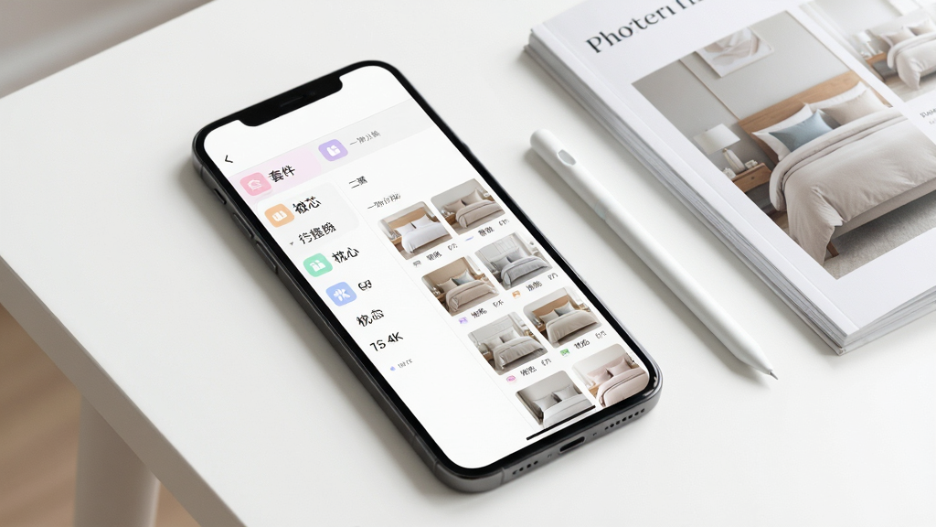 �Ҽҷ�APP��Ʒ����ҳ��չʾ������Ϊ�ֻ���Ļ��ʾ��㼶����˵������Ϊһ�������б����׼�����о����о�ȣ��Ҳ�Ϊ��Ӧ������������ͼ���񣬲���Ϊ�ֻ�б���ڰ�ɫ���棬�Ա߷���һ֧���رʺ�һ���ҷĲ�Ʒ���ᣬ�Ű����������Ϊ�ִ���Լ���ƶ�Ӧ�ý�ͼ���ϸ�ڰ�������ͼ��ɫ����͡�����ͼ�����������������ʣ�����Ϊ����4K���ɾ��޶���Ԫ�أ������в������κ�����ˮӡ