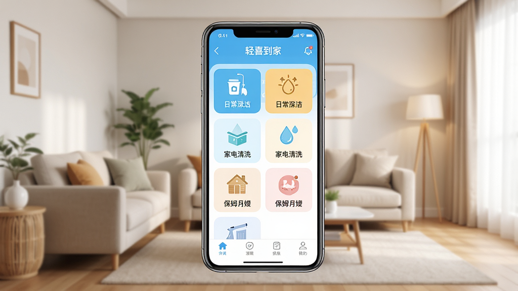 ��ϲ����APP��ҳ����չʾ������������һ�������ֻ�����Ļ��ʾ��ϲ����Ӧ�ó������ҳ�������ճ����ࡢ�ҵ���ϴ����ķ��ɩ�ȷ������ͼ�꣬��������ܰ������ִ���ͥ�������������ּ�����ˣ��������������ϸ����ͻ���ֻ���Ļ�ĸ����ʸ���Ҿӻ��������ʸУ����������ɾ����޶���Ԫ��
