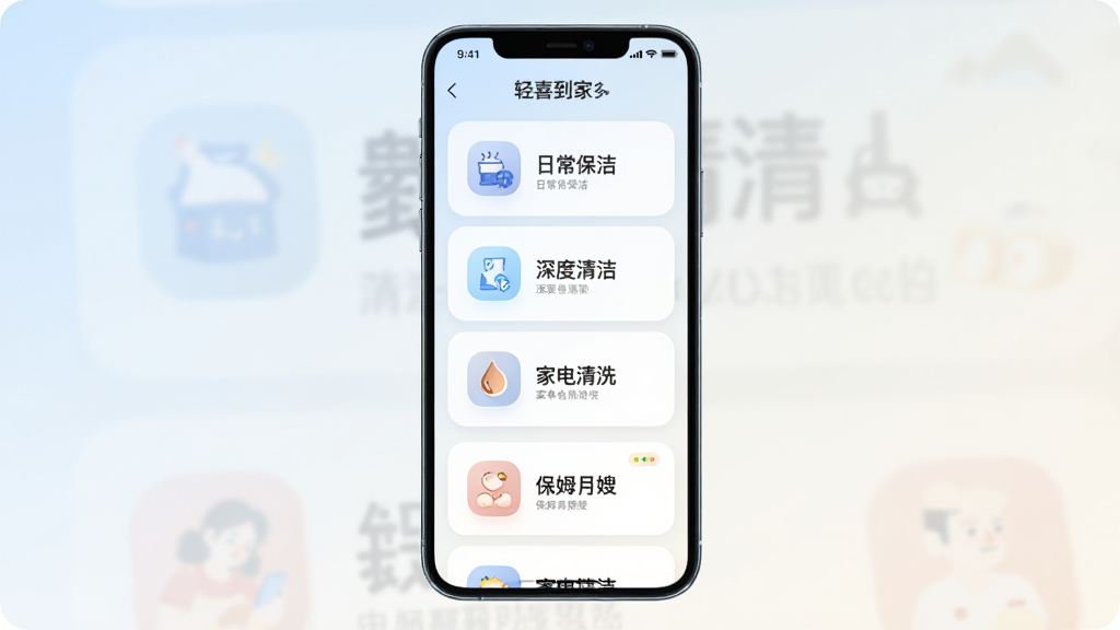 ��ϲ����APP������Ŀ�б����棬�ֻ���Ļ����չʾ���ַ�����࿨Ƭ�������ճ����ࡢ�����ࡢ�ҵ���ϴ����ķ��ɩ��ͼ��������˵��������Ϊǳɫ���䣬�����������򣬷���ִ���Լ��ϸ����ͻ����ƬԲ����ͼ����Ƶľ��¸У����������ɾ����޶���Ԫ��