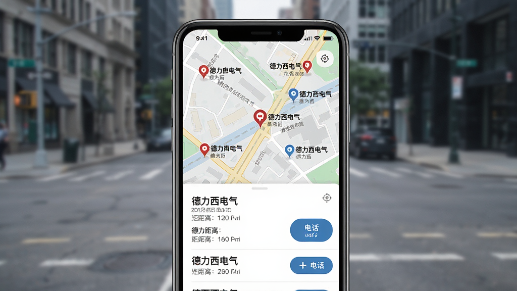 �ֻ���Ļ��ʾ��ͼ���棬��ͼ�ϱ�ע������������������ŵ궨λͼ�꣬�·��б�չʾ�ŵ����ơ�������绰��ť��������ø����ֻ��ӽǣ�����Ϊģ���ĳ��нֵ�������ִ���Լ��ϸ�����ֵ�ͼ��·��ͼ���Σ����ʸ��壬�ɾ����޶���Ԫ��