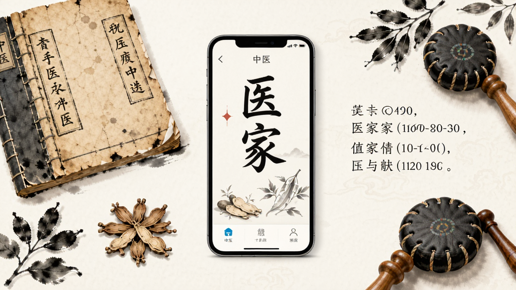 ������һ���ֻ���Ļչʾ��ҽ�ҡ�Ӧ�ý��棬����Ϊ���з����ֻ�����Χ������ҽ�ż�����ҩ��������Ԫ�أ��Ű������ͼ���Ļ���й�ͼ�����Ϊ�й����Լ�廭��ϸ�ڰ���������ҳ������ˮī�ʴ���ҩ�ļ�Ӱ�����ʸ���ɾ��޶���Ԫ��