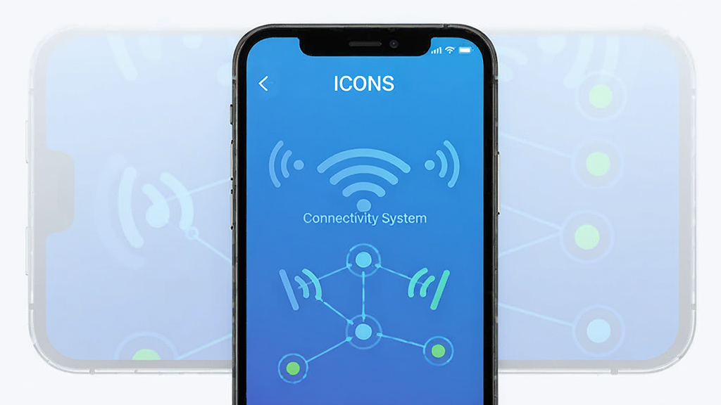 ����Ϊһ�������ֻ���Ļ��ʾICONS: Connectivity System�������棬���ֲ��þ��й�ͼ���Ű�����������ռ�ݻ�������λ�ã����Ϊ�ִ��Ƽ��б�ƽ����ƣ�ϸ�ڰ�����ɫ���䱳���������źŲ���ͼ�ꡢ���ӽڵ����ߡ�״ָ̬ʾ�ƣ����ʸ���ɾ��޶���Ԫ��