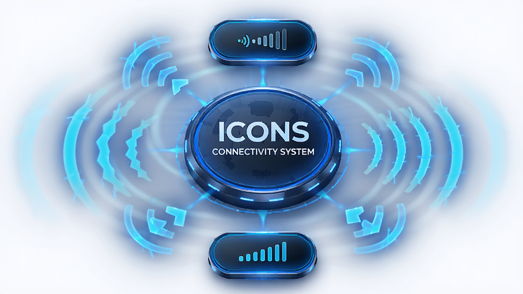 ����ΪICONS: Connectivity Systemһ���Ż�����չʾ�����ֲ������ķ���״���Ű��ϰ�ťλ�ڻ����������ܻ��������źŲ��ƣ����Ϊ���пƼ����ϸ�ڰ�����ɫ���Ρ����ټ�ͷ���ź�ǿ���������ʸ���ɾ��޶���Ԫ��
