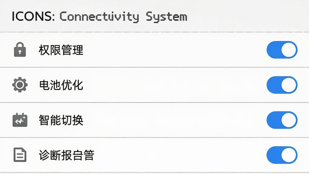 ����ΪICONS: Connectivity System�������ý����ͼ�����ֲ����б�ʽ�Ű棬�Ű��ϴ��ϵ�������ΪȨ�޹���������Ż��������л�����ϱ����ѡ����Ϊ���������ƶ���UI���ϸ�ڰ�����ɫ���ذ�ť����ɫ�ָ��ߡ�ͼ���ʶ�����ʸ���ɾ��޶���Ԫ��