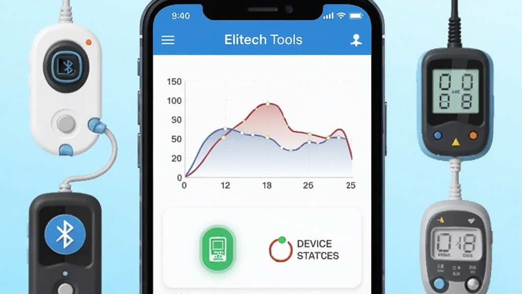 ����������һ�������ֻ����ֻ���Ļ����ʾElitech ToolsӦ�õ������棬�����а����¶�����ͼ���豸����״̬ͼ�꣬�ֻ���Χ�����������¿��������ݼ�¼�ǵ�С���豸������Ϊǳ��ɫ���䣬������Ϊ�Ƽ��б�ƽ�廭��ϸ�����������ʸɾ����޶���Ԫ��