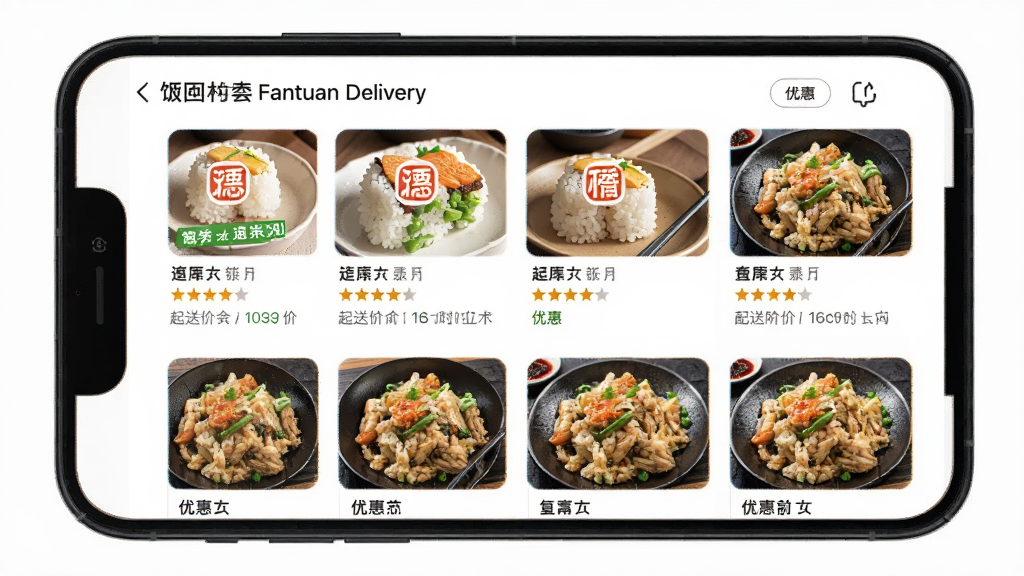 һ��չʾ�������� Fantuan DeliveryӦ���ڲ����б�ҳ���ͼ������Ϊ�ֻ���Ļ��ʾ��Ҳ���ͼ��Ͳ�ƷͼƬ������Ϊ����״���У��Ű����룬���Ϊ�������죬ϸ�ڰ����������֡����ͼۡ�����ʱ�����Żݱ�ǩ�����ʸ��壬�ɾ����޶���Ԫ�ء�