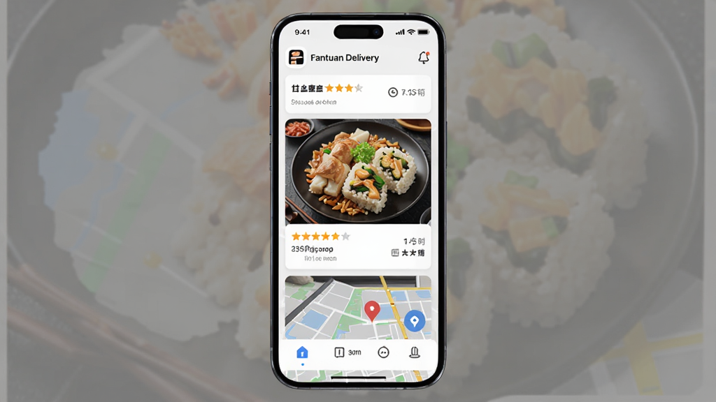 һ��չʾ�ֻ���Ļ�Ϸ������� Fantuan DeliveryӦ�ý����ͼƬ������Ϊ�����ֻ�������Ϊ�ֻ����з��ã���Ļ��ʾ�в���ʳ�б������͵�ͼ���Ű������������Ϊ�ִ��Ƽ��У�ϸ�ڰ���Ӧ��ͼ�ꡢ��ʳͼƬ�������Ǽ�������ʱ���ע�����ʸ��壬�ɾ����޶���Ԫ�ء�