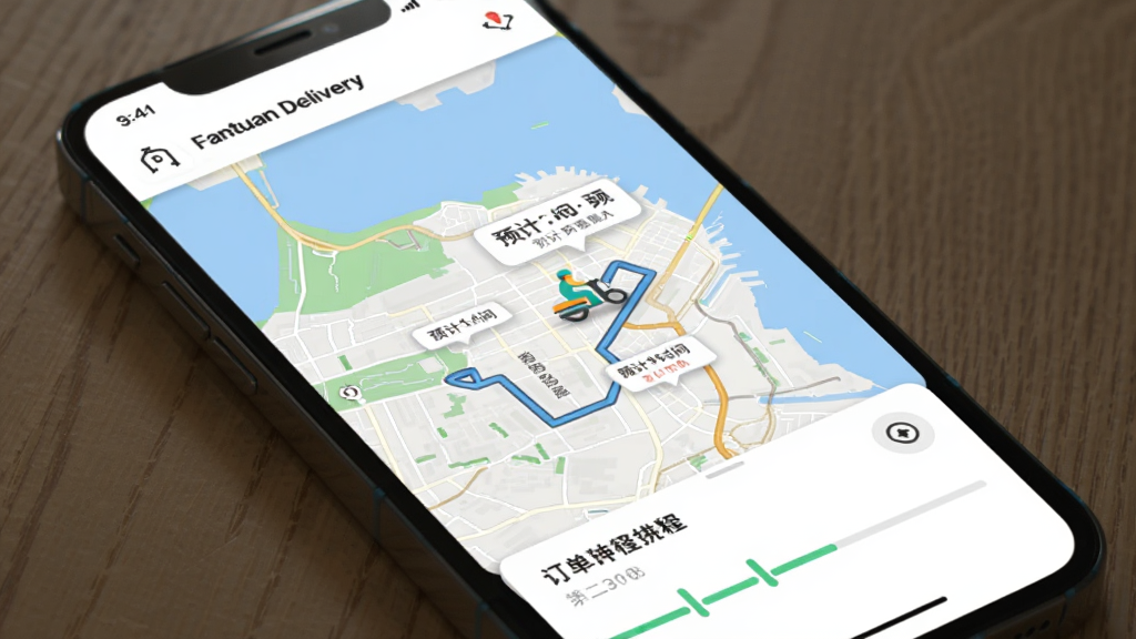 һ��չʾ�������� Fantuan Delivery����׷�ٽ����ͼƬ������Ϊ�ֻ���Ļ��ʾ��ͼ������ͼ�꣬����Ϊ��ͼռ����Ҫ�����Ű����������Ϊ�Ƽ���Լ��ϸ�ڰ���·�߹켣��Ԥ��ʱ�����ݺͶ��������������ʸ��壬�ɾ����޶���Ԫ�ء�